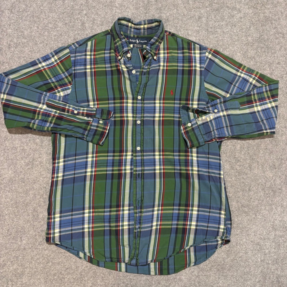 Polo Ralph Lauren Mens Custom Fit Plaid Button Down Shirt Green Blue Large